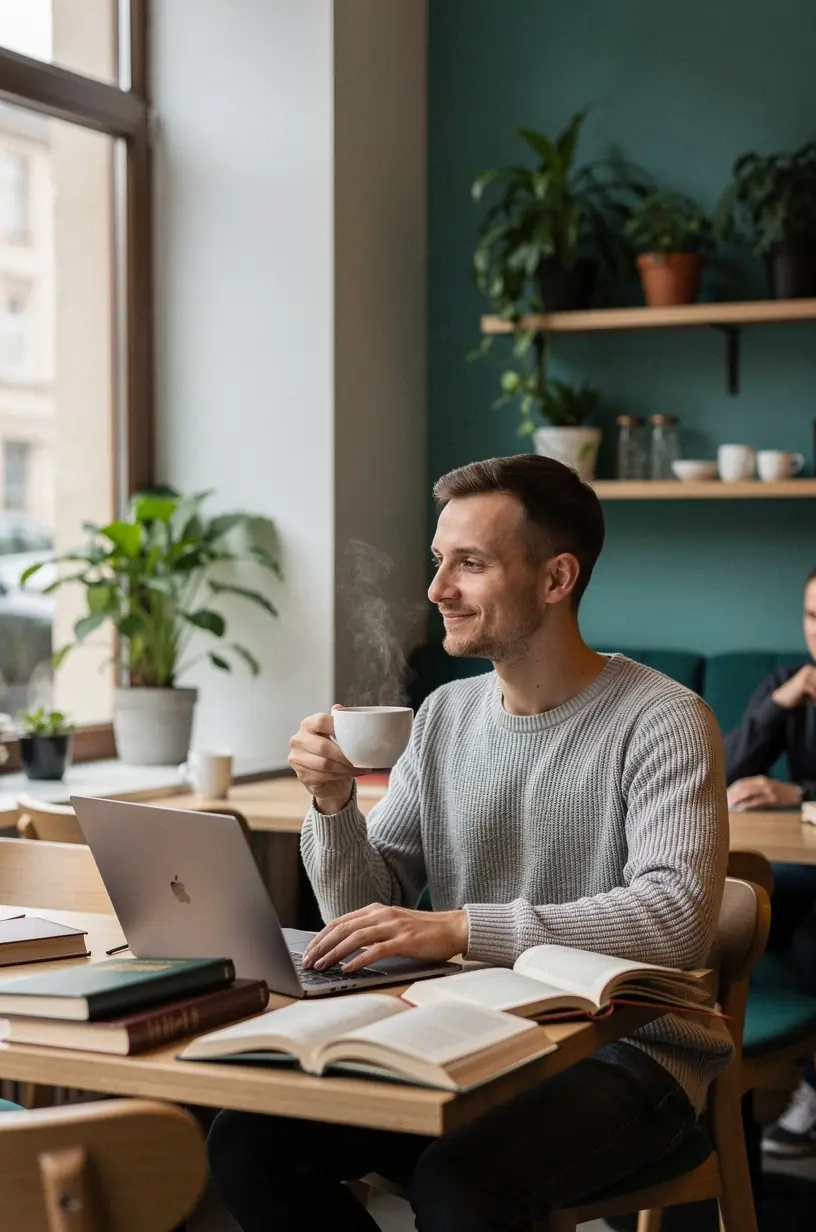 Sveiko gyvenimo būdo iliustracija, kurioje arbatos gėrimas derinamas su meditacija ir kvėpavimo pratimais.