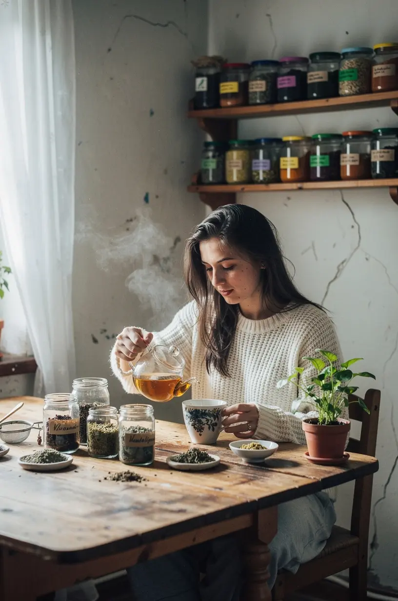 Raminantis žolelių arbatos puodelis ant medinio stalo, šalia natūralios šviesos ir žalių lapų.