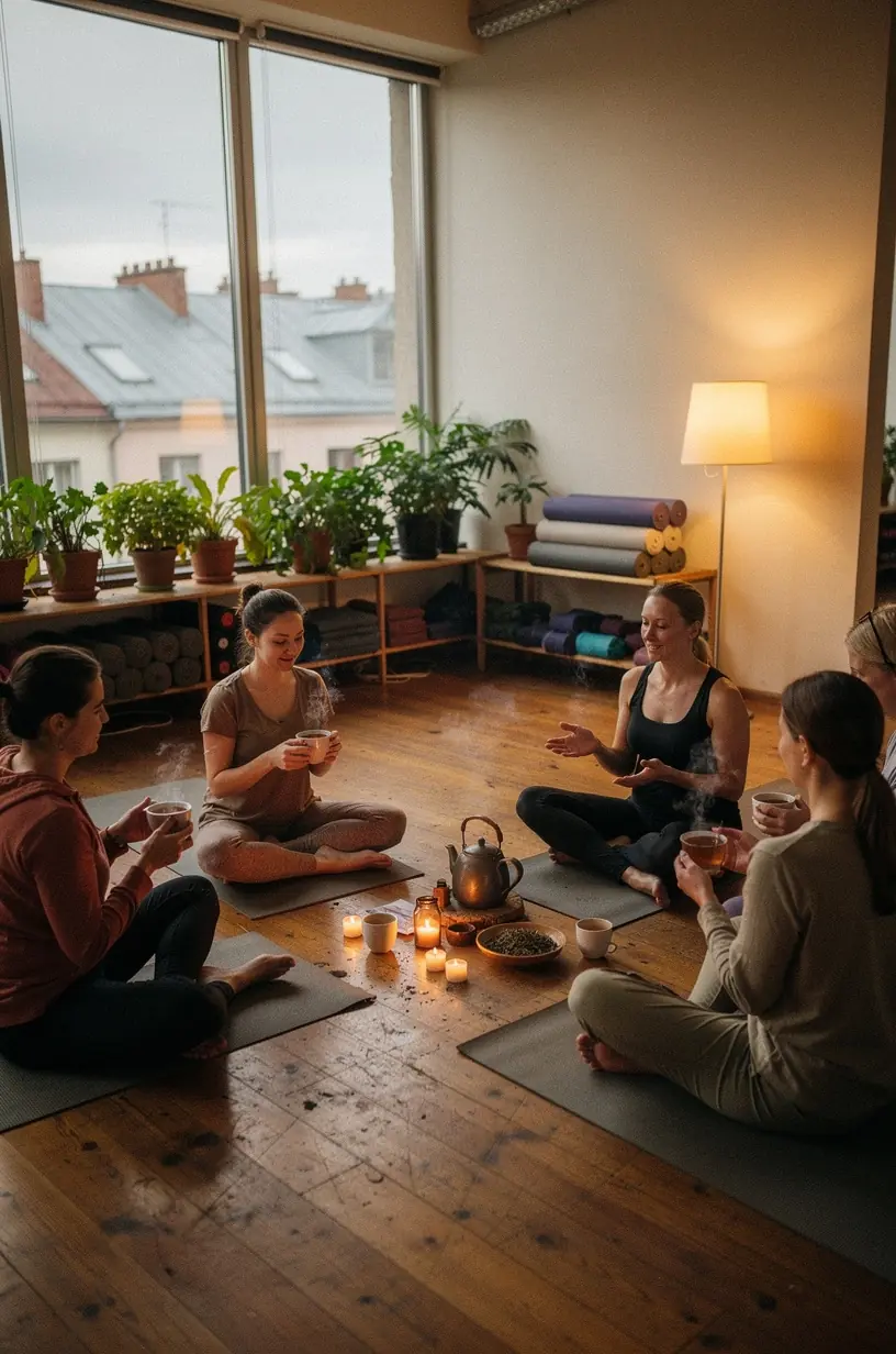 Atpalaiduojanti arbatos ritualo scena su knyga ir minkšta antklode, skatinanti pusiausvyrą ir gerovę.